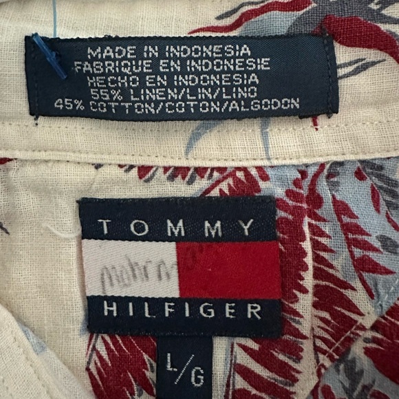 Tommy Hilfiger Vintage 90`s  Hawaiian Shirt L Palm Trees Linen Red White Blue - Picture 3 of 3